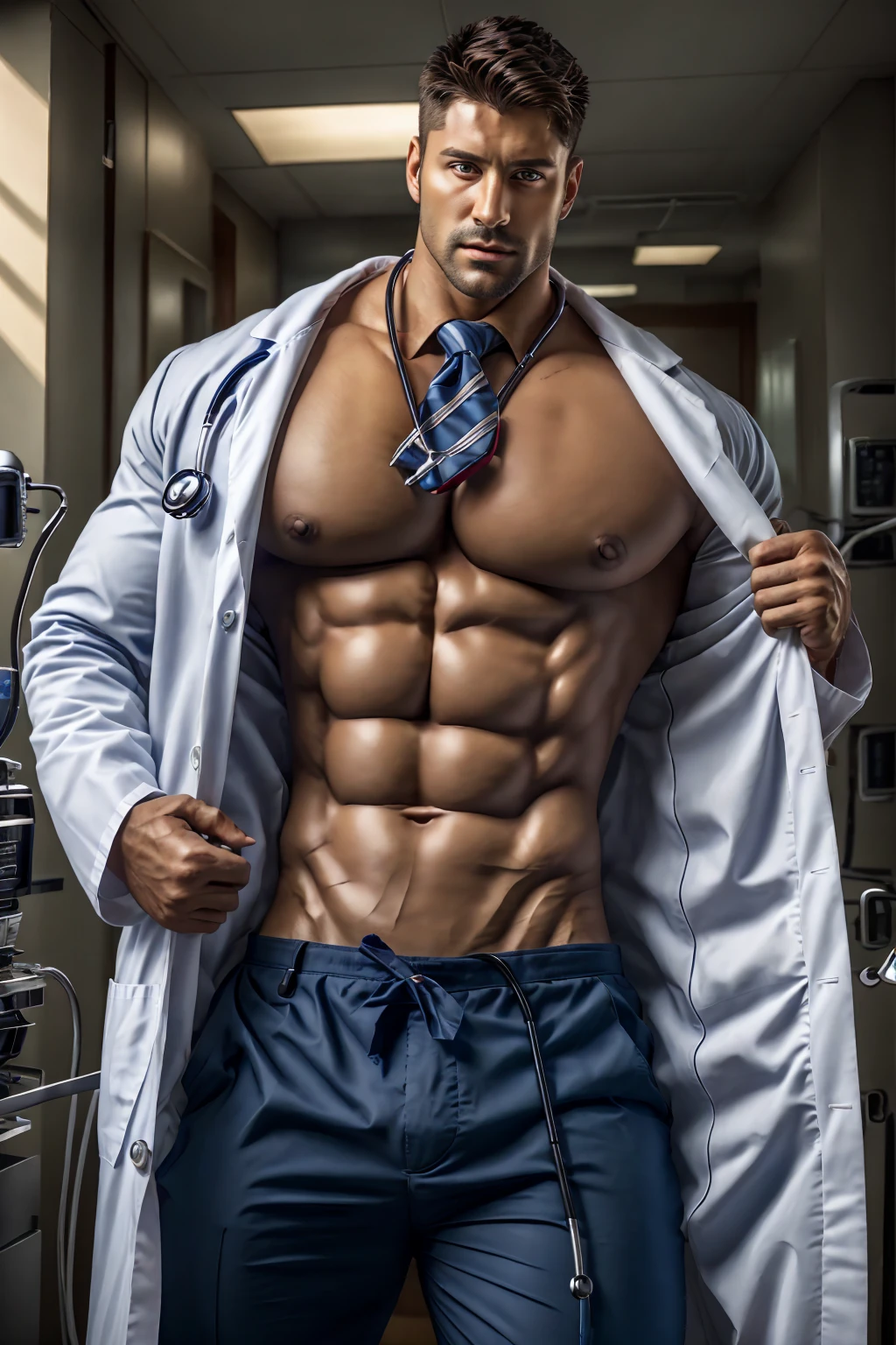 Practical, masterpiece, best quality, detailed, Natural Lighting, Soft shadows, detailed background, photography, Depth of Field, Intricate details, detailed face, Subsurface scattering, Practical eyes, muscular, Swelling of chest muscles,Photos of handsome men, Sexy doctor, coat, (30 years old), coat里光着身子,Hospital, Stethoscope, Pants, (shirt), tie,