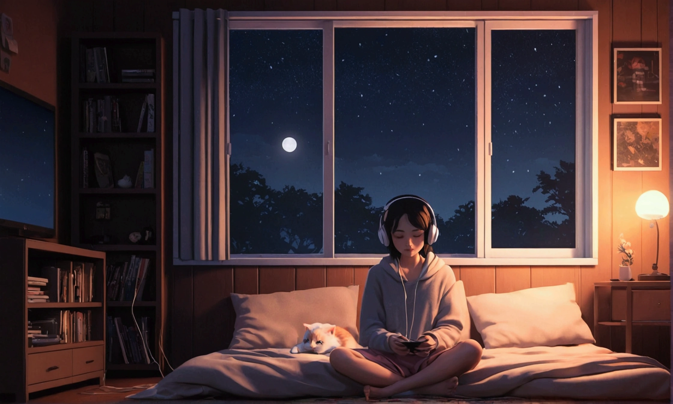 night、Girl listening to music in a cozy room, Headphonesの使用, 2D-style animation, Lo-Fi, hard disk, For dark environments、cute cat、To be able to erase the background, With a cute girl、Headphones、relax、Wide aspect ratio