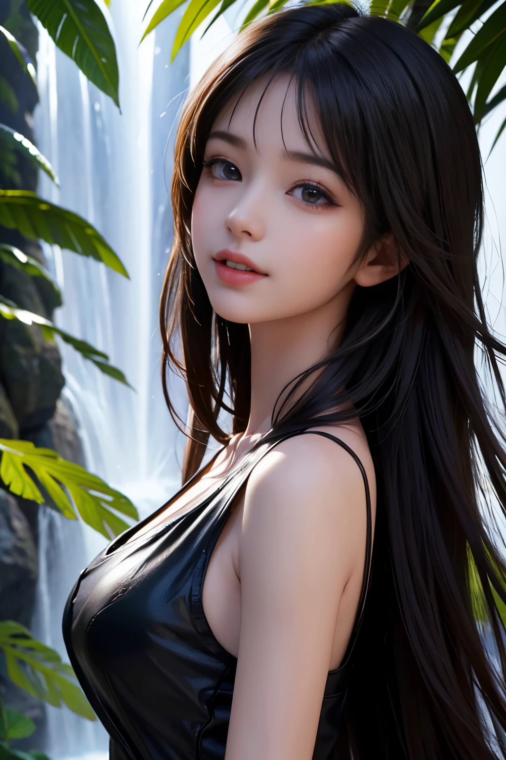 (ultra realistic) , (illustration), (increase resolution), (8K), (extremely detailed), (best illustration), (beautiful detailed eyes), (best quality), (ultra-detailed), (masterpiece), (wallpaper), (detailed face), 1 girl, black straight hair, slender body, delicate details, in the dark, deep shadow, low key, pureerosfaceace_v1, happy smile, summer dress, waterfall, rainforest