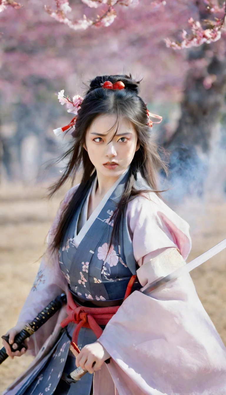 Beautiful female samurai、A scene depicted in exquisite 8K resolution。She is wearing traditional Japanese samurai armor.、The armor is intricately crafted。A magnificent battlefield spreads in the background、Burning fire and smoke、The sound of swords crossing echoes.。Her face is full of determination and courage.、The eyes are fixed sharply ahead。Her black hair flutters in the wind、The movement accentuates the tension on the battlefield.。There are enemy samurai around her, ready to attack her.、She calmly holds her sword、Every moment is depicted as beautifully as a work of art.。Cherry blossom petals fluttering in the background、It adds a touch of beauty and transience to the scene.。