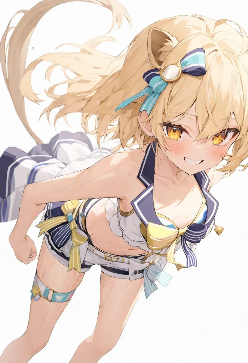 (muste piece), (best quality), (score_9, score_8_up, score_7_up), very detailed eyes, expressive eyes, perfect face, very detailed face, highly detailed face, beautiful girl, 8K, beautiful girl, white background, delicate and beautiful face and eyes, dark intense shadow, 1 girl, vtuber style, cool girl, hololive, vtuber, rurudo_lion, linen color lion ears, linen color lion tail, linen color hair, short hair, blond eyes, hair between eyes, hololive summer 2023 swimsuit, bare shoulders, layered bikini, yellow bikini, striped bikini, bikini shorts, cameltoe, small chest, bare arms, smile, wet hair, wet body, body visible through clothes, chest visible through clothes, (full body), standing,