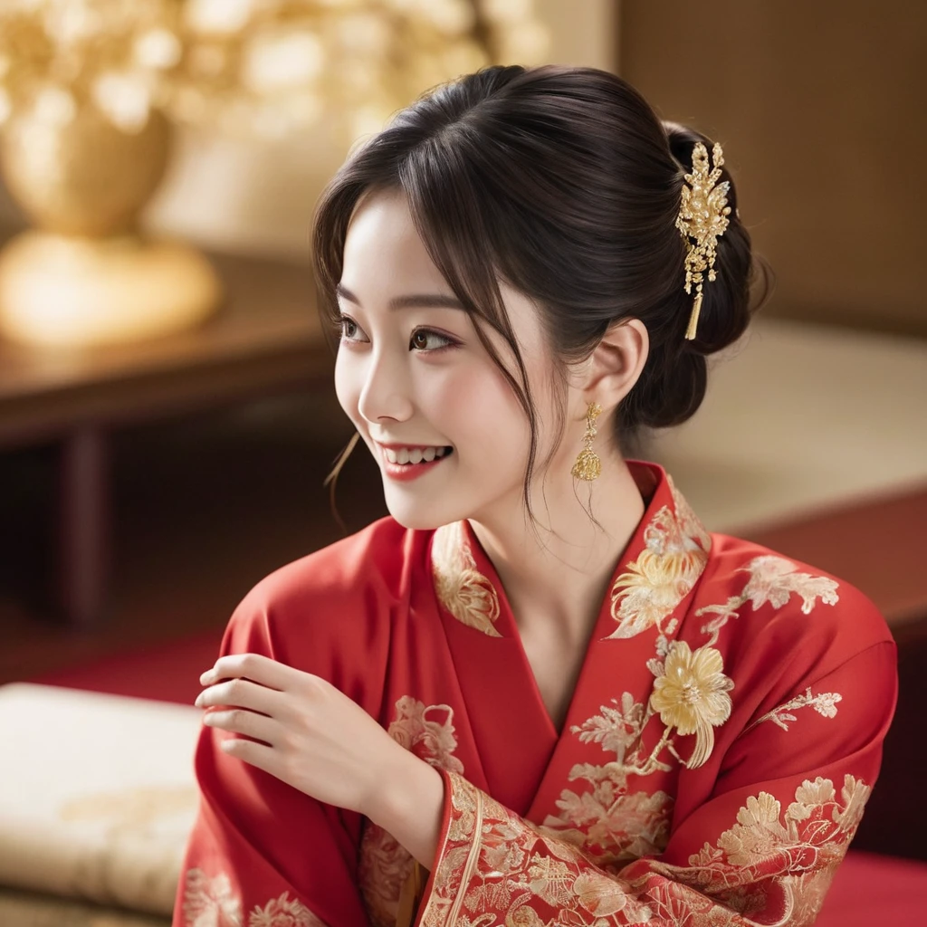 ((Highest quality)), ((masterpiece)), (detailed), （Perfect Face）、The woman is Satomi Ishihara, with her medium-long hair tied up in a bun, wearing a gorgeous red Chinese dress with gold embroidery and trim, a long slit that shows off her thighs, and is dressed luxuriously with gorgeous accessories and an engagement ring.、The woman is smiling gently