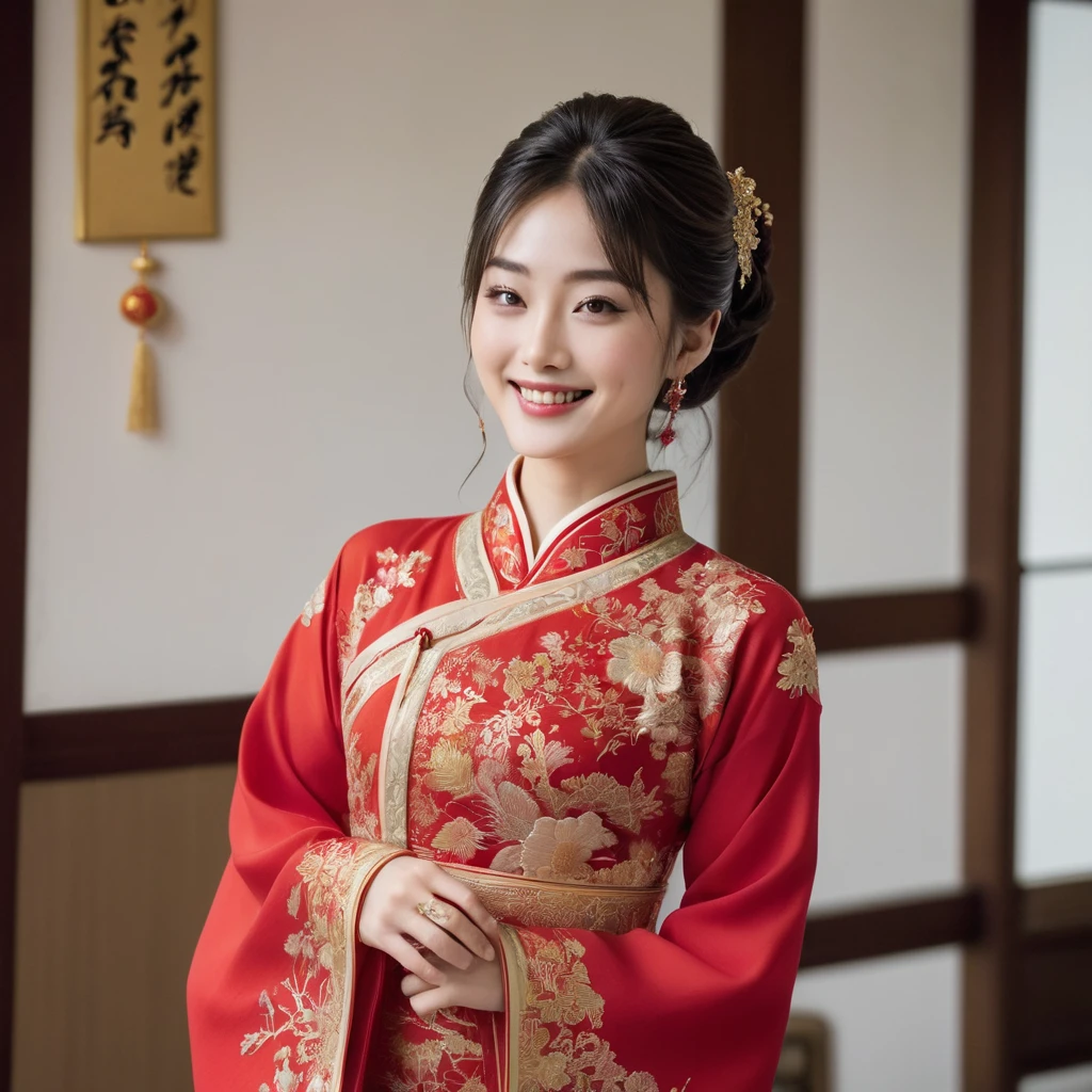 ((Highest quality)), ((masterpiece)), (detailed), (Perfect Face)、The woman is Satomi Ishihara, with her medium-long hair tied up in a bun, wearing a gorgeous red Chinese dress with gold embroidery and trim, a long slit that shows off her thighs, and is dressed luxuriously with gorgeous accessories and an engagement ring.、The woman is smiling gently