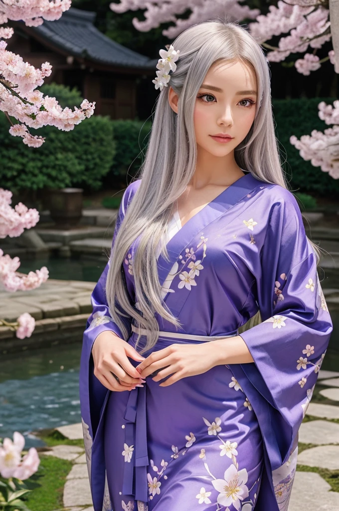 Create an image of a beautiful anime woman. She has long, flowing, silver hair that catches the light, and striking, violet eyes. She wears an elegant, flowing kimono with intricate floral patterns in shades of blue and purple. The background is a serene, moonlit garden with cherry blossom trees in full bloom. Her expression is gentle and serene, and she holds a delicate fan with a matching floral design. The overall atmosphere should be magical and peaceful."