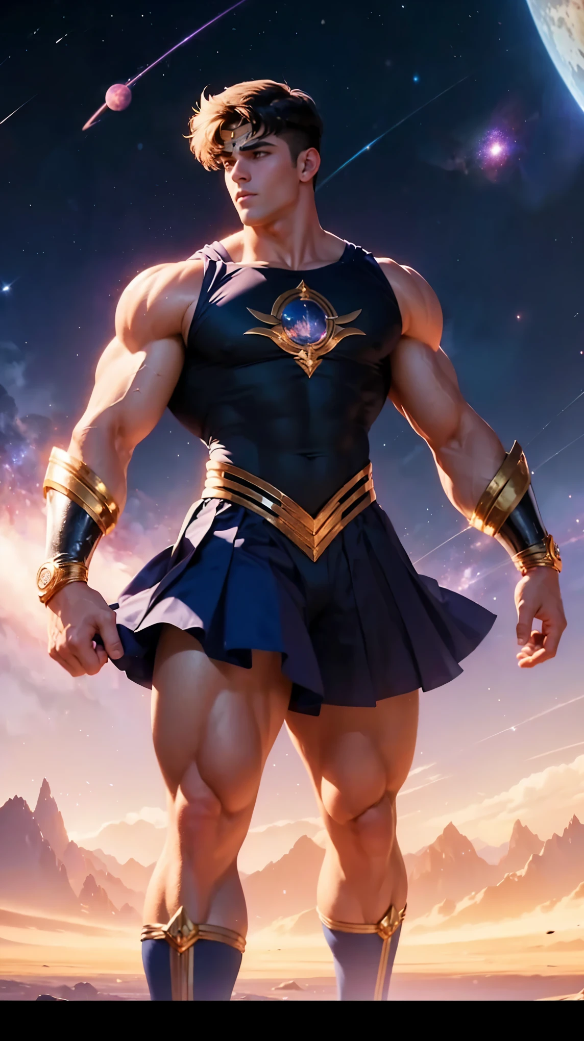 1 men,big muscle,big tricep,in sailor moon uniform, galaxy, planet, fantasy , landscape ,4K, Ultra Detail, particle light