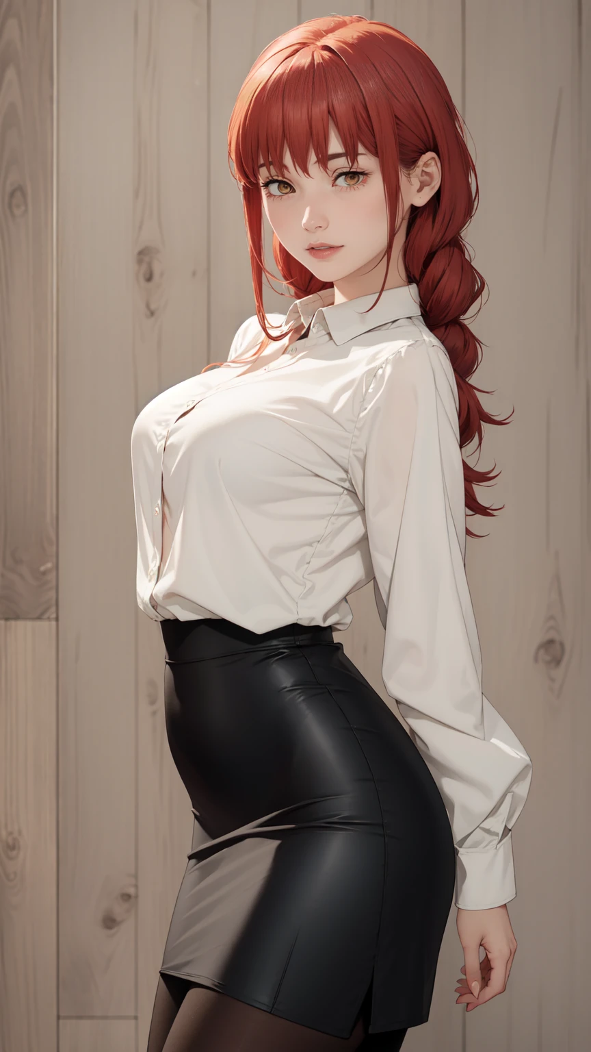 ((masterpiece, Best Quality, high resolution, Perfect Pixel, 8K)), 1 girl、sensual thighs、 (Red gorgeous hair)、Beautiful eyelashes、Detailed face、Smooth texture, Realistic texture, Photorealistic, Anime CG style、(Wearing White Shirt、pencil skirt、Indigo Pantyhose、standing、Sexy legs、Wooden Background) view from behind、medium breasts、High quality、ultra high definition、 detailed face、ultra high clarity、curvacious body、best image quality、ultra high resolution、seductive、dynamic lightning、((medium shot)).