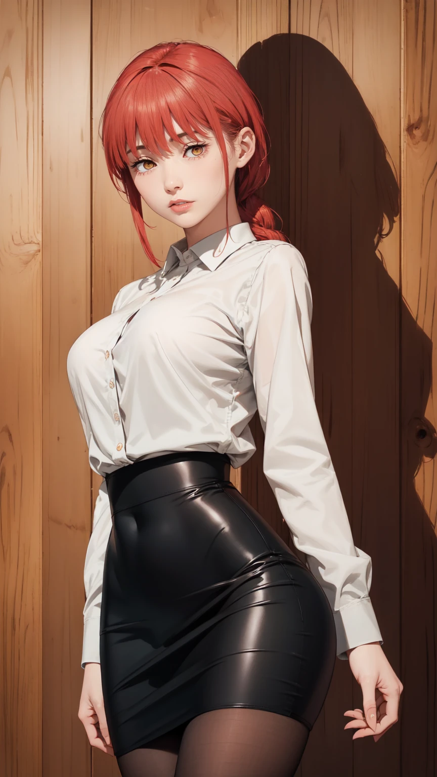 ((masterpiece, Best Quality, high resolution, Perfect Pixel, 8K)), 1 girl、sensual thighs、 (Red gorgeous hair)、Beautiful eyelashes、Detailed face、Smooth texture, Realistic texture, Photorealistic, Anime CG style、(Wearing White Shirt、pencil skirt、Indigo Pantyhose、standing、Sexy legs、Wooden Background) view from behind、medium breasts、High quality、ultra high definition、 detailed face、ultra high clarity、curvacious body、best image quality、ultra high resolution、seductive、dynamic lightning、((medium shot)). 