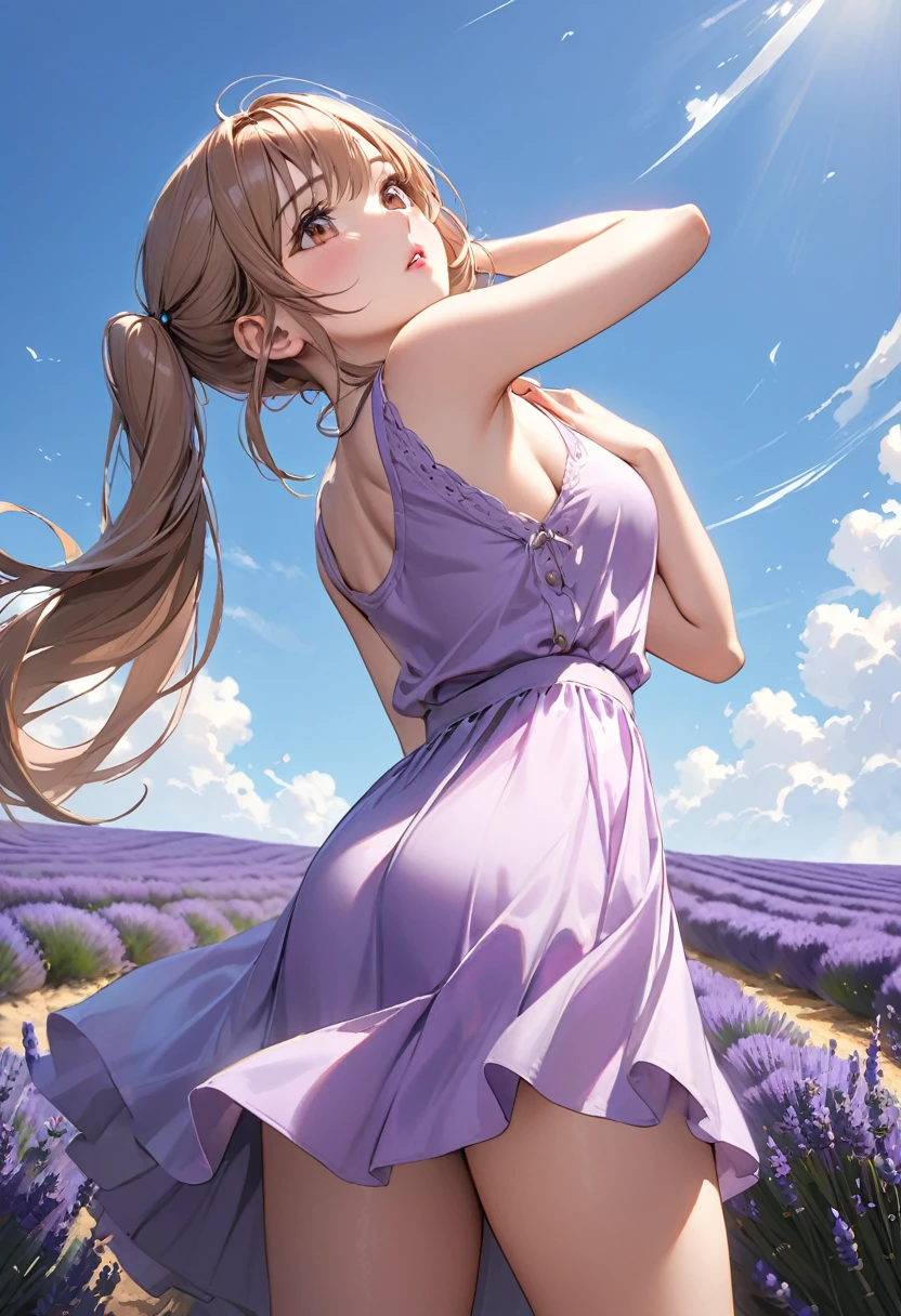 Highest quality, masterpiece, Ultra-high resolution, Realistic:1.2, RAW Photos, Intricate details, Portraiture, Big beautiful brown eyes:1.2, Perfect contours, Perfect proportions:1.2, One Girl, break ((full body:1.2, from below:2, ((side shot:1.5)), (looking back:1.2), looking away:1.2)), ((ite, short, tinrl:1.2)), Light Brown Hair、((long hair, twintails:1.2)), (makeup:1.2, full lips:1.3, pink lips:1.3, shiny lips:1.3, parted lips:1.2), (Stroll through the lavender fields:1.2), ((Silk sleeveless shirt:1.2, Silk long skirt, Low heels)), break ((Place one arm above your head、Place one arm in front of your knee、My hair is about to be blown away by the wind:1.3、Leaning forward:1.2))、(Embarrassed expression:1.2、A little angry), (The background is a lavender field:1.2、Lavender fluttering in the wind, Several tourists walking), ((Gust of wind:1.2)), (armpit:1.2), (empty-handed)