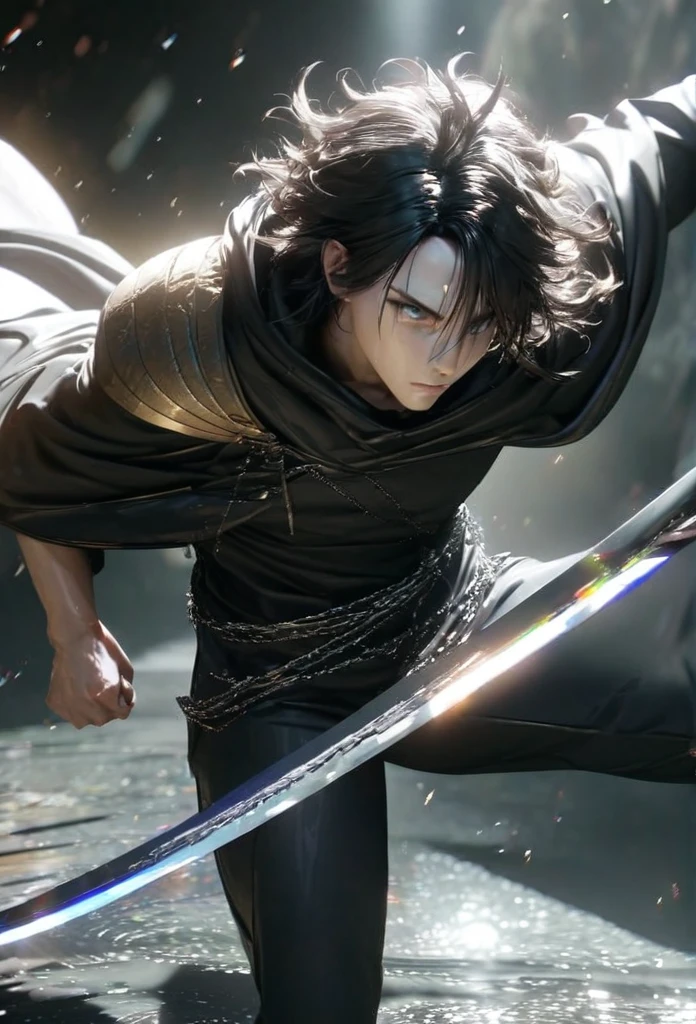 (solo), masculine, black hair, messy hair, mane hair, very short hair, dense hair, wild hair, expressive hair, mature,(25 year old), pale skin, grey eyes, ((man)), teacher, wearing black shirt, rolled up sleeves, black long pants, One shoulder has shoulder armor, black cape covering one arm, detailed eyes, dark, hood, the background is space in china. Silver chains everywhere, attractive, eye reflection, depth of field, thunder aura, cinematic lighting, ray tracing, depth of field, cinematic lighting, ray tracing, UHD, high details, best quality, highres, high quality, award winning, super detail, masterpiece, 8k, UHD, high details, best quality, highres, high quality, award winning, super detail, masterpiece, 8k, digital art, anime coloring, full body, body shot, good face, perfect face, detailed face, good eyes, in a fighting position, holding a sword.