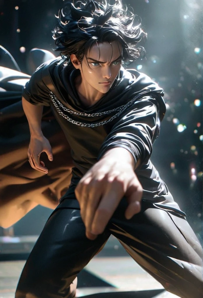 (solo), masculine, black hair, messy hair, mane hair, very short hair, dense hair, wild hair, expressive hair, mature,(25 year old), pale skin, grey eyes, ((man)), teacher, wearing black shirt, rolled up sleeves, black long pants, One shoulder has shoulder armor, black cape covering one arm, detailed eyes, dark, hood, the background is space in china. Silver chains everywhere, attractive, eye reflection, depth of field, thunder aura, cinematic lighting, ray tracing, depth of field, cinematic lighting, ray tracing, UHD, high details, best quality, highres, high quality, award winning, super detail, masterpiece, 8k, UHD, high details, best quality, highres, high quality, award winning, super detail, masterpiece, 8k, digital art, anime coloring, full body, body shot, good face, perfect face, detailed face, good eyes, in a fighting position, holding a sword.