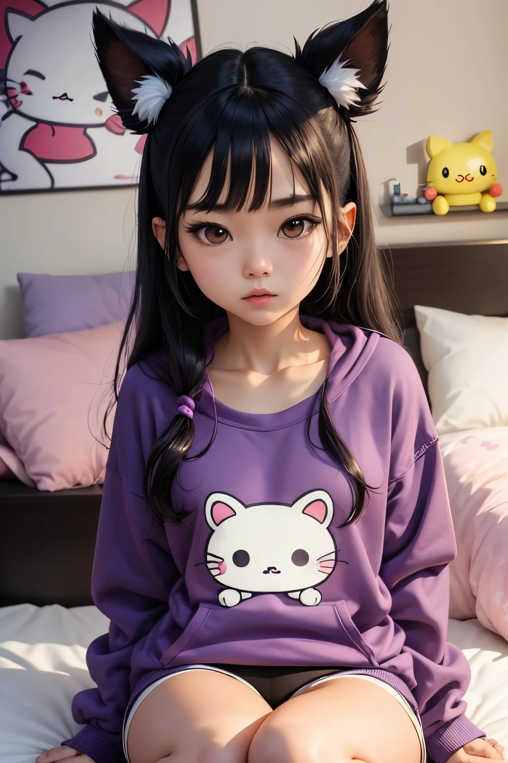 Create an image of the Sanrio character Kuromi , wears a purple sweatshirt that says "Brenda", He is in his room decorated with Kuromi's character., art digital, cartoon