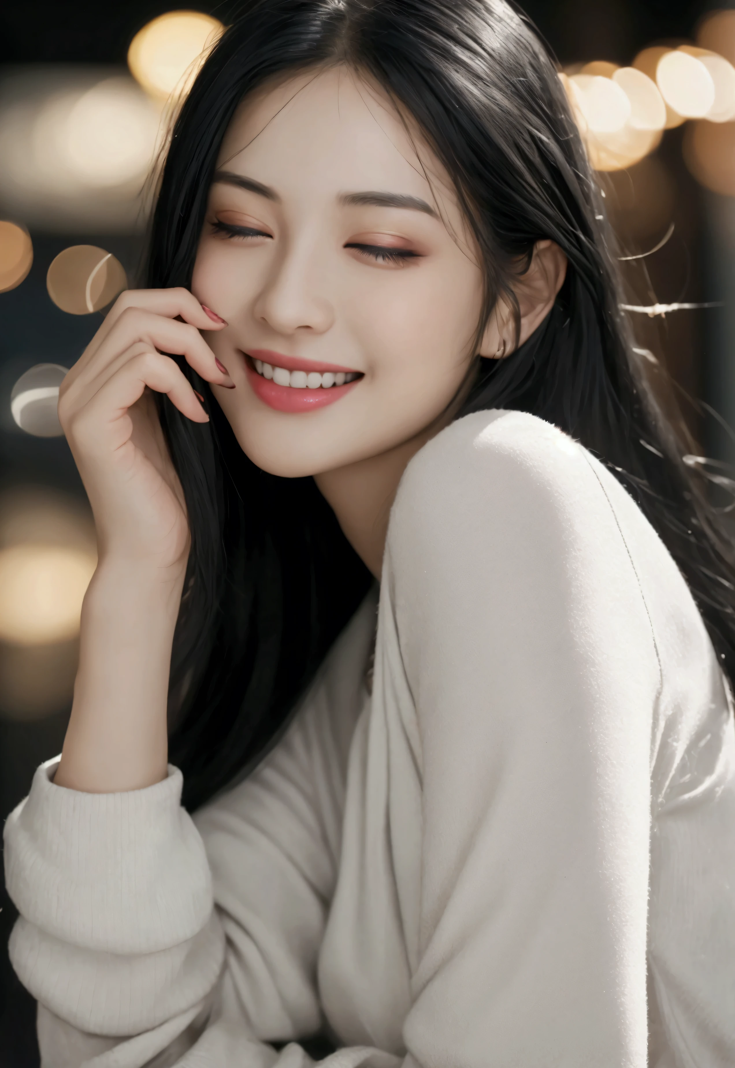 a girl with black hair,beautiful detailed eyes,beautiful detailed lips,extremely detailed eyes and face,longeyelashes,holding a camera,smiling brightly,eyes closed,ultra realistic,hyperrealistic,photorealistic,8k,highres,masterpiece,ultra-detailed,realistic,photo-realistic,HDR,UHD,studio lighting,vivid colors,bokeh,portrait, full body view