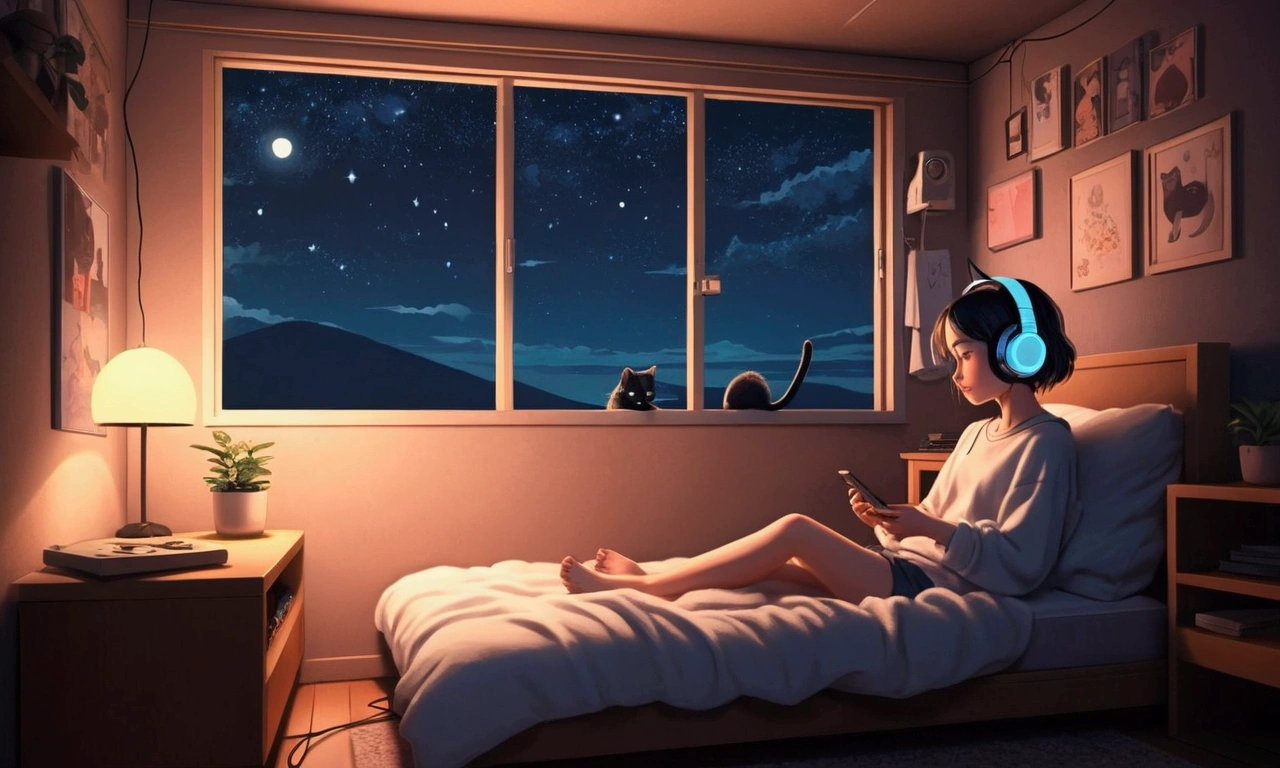night、Girl listening to music in a cozy room, Headphonesの使用, 2D-style animation, Lo-Fi, hard disk, For dark environments、Super cute cat、To be able to erase the background, Cute girl and cat together、Headphones、relax、
