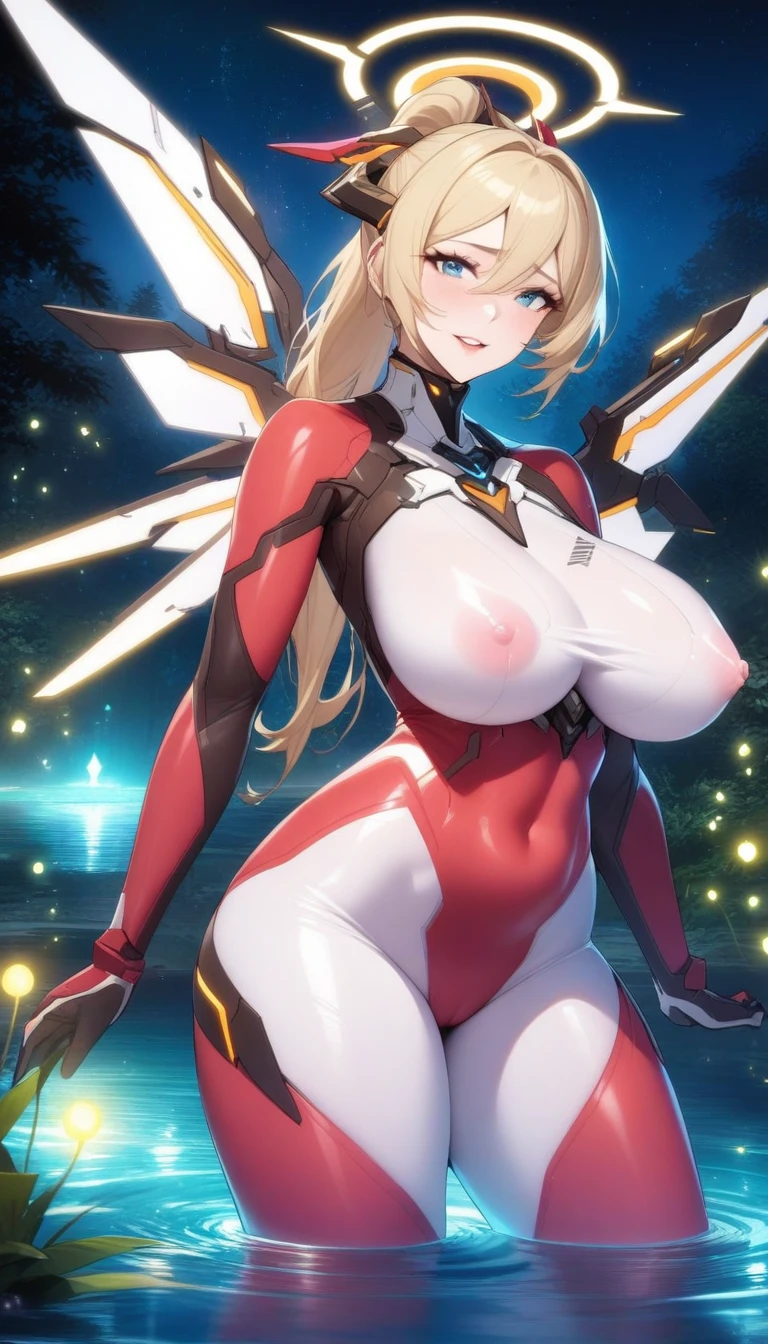masterpiece, best quality, very aesthetic, absurdres, 1girl, mature_lady,pink_bodysuit,red_bodysuit,covered_nipple,,mercy(overwatch),1girl, mechanical_halo, mechanical_wings, halo, headgear, blonde_hair, ponytail,,besides a blue lake, night sky,stars,forest,Reflections in the water,,glowing stardust frontground,fantasy,sparkling,fireflies,front view