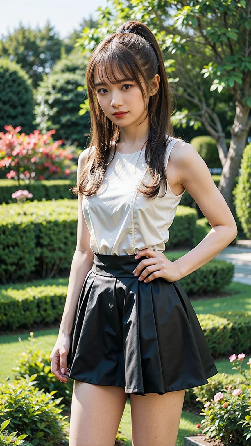 (8k、RAW Photos、Highest quality、masterpiece:1.2)、(Realistic、Realistic)、1 girl、((Black mini skirt、Check One Piece、See-through、ponytail、Frilledium Hair、See through、ribbon、Sandals、Accentuate your breasts、whole body、garden、View from the front、Looking into the camera、Stand with hands on hips))、