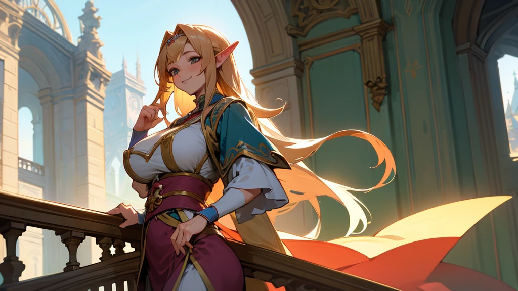 Anime Style,A detailed background with many people,Magical World,People on the balcony,Smiling Bard Elf,Mature Woman,Large Breasts,Protruding buttocks