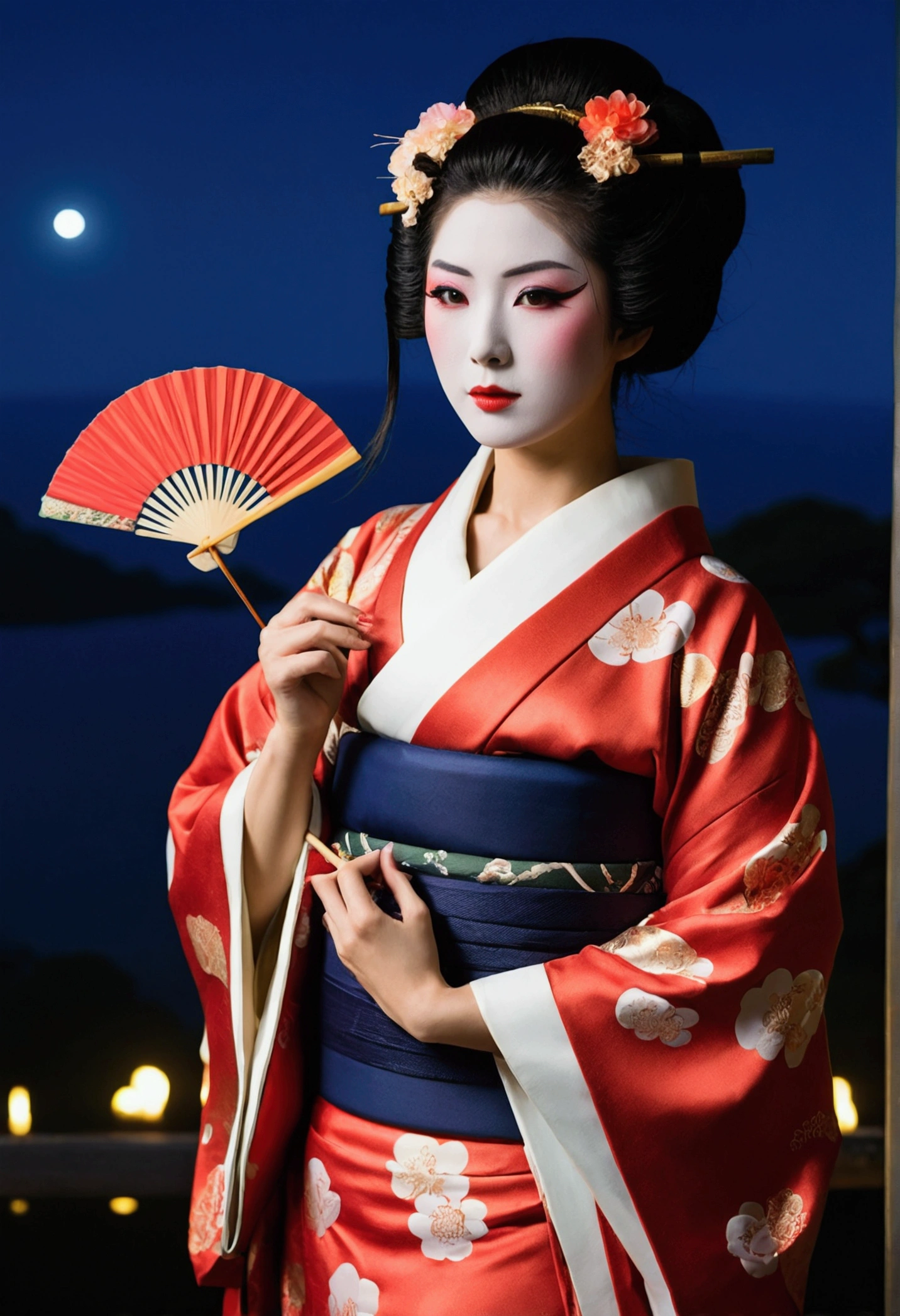 24k,High quality masterpiece, landscape, cloud, Bright starry sky. Traveler, Romantic Light, sexy pose Pixiv, Concept Art, Lofi Art Style, reflection. Roffie Art, Beautiful , Detailed landscape — width 672, Enhanced Details. change, Leprechaun,A woman in a kimono holding a folding fan and a uchiwa fan, Traditional Japanese, Japanese style, Japanese Goddess, glamorous and sexy geisha, japanese geisha, Traditional beauty, in kimono, geisha, beauty geisha, Inspired by Fujiwara Takanobu, traditional geisha clothing, geisha makeup, organic seductive geisha, geisha make up