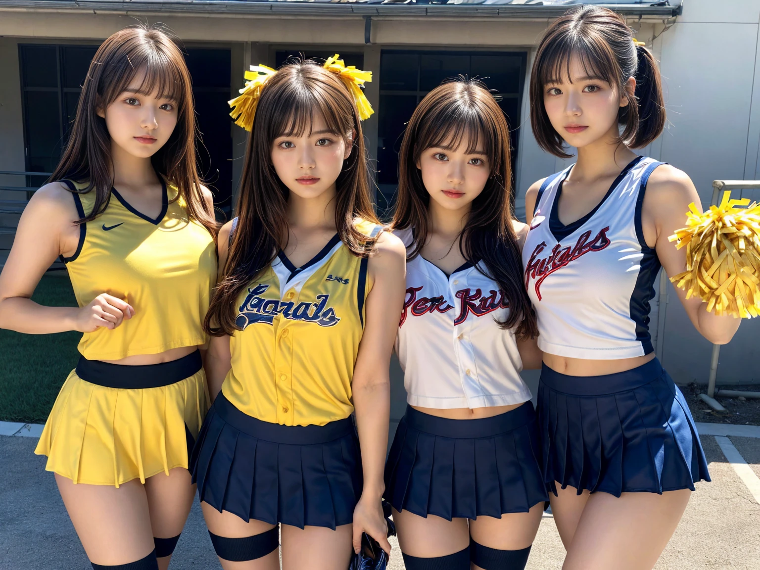 masterpiece, best quality, illustration, Super detailed, fine details, High resolution, 8K,wall paper, perfect dynamic composition,(Details High quality, realistic depiction of eyes:1.3), (3 girls), BREAK (cheerleader uniform with yellow as basic color:1.3), (holding a yellow pompoms in hand:1.4), (sleeveless yellow tunic with baseball team logo:1.4), yellow tops, (bold V-neck:1.3), ((Blue lines, black lines) on tops:1.3), ((fit and flare, A-line):1.3), (A-line yellow rah-rah skirt:1.3), mini skirt, (black socks:1.3), (sports shoes:1.2), sitting, open legs, short bob hair, in a hotel room in the background, deep on field, large breasts, black hair color, Big Natural Color Lip, (perfect body shape), crying a little、Harajuku style、20 year old girl、cute type、beautiful legs, Gravure Idol