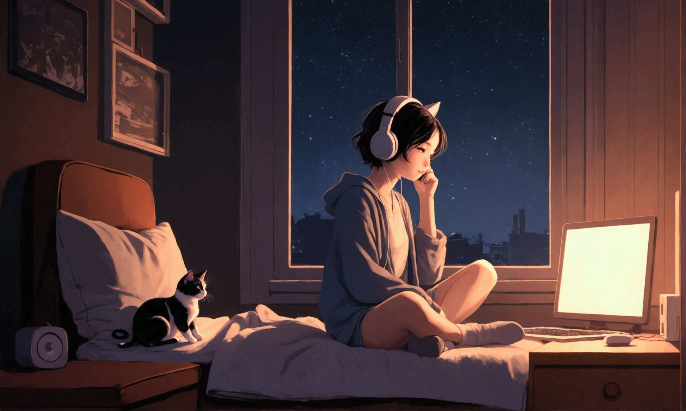 night、Girl listening to music in a cozy room, Headphonesの使用, 2D-style animation, Lo-Fi, hard disk, For dark environments、cute cat、To be able to erase the background, With a cute girl、Headphones、relax、Wide aspect ratio
