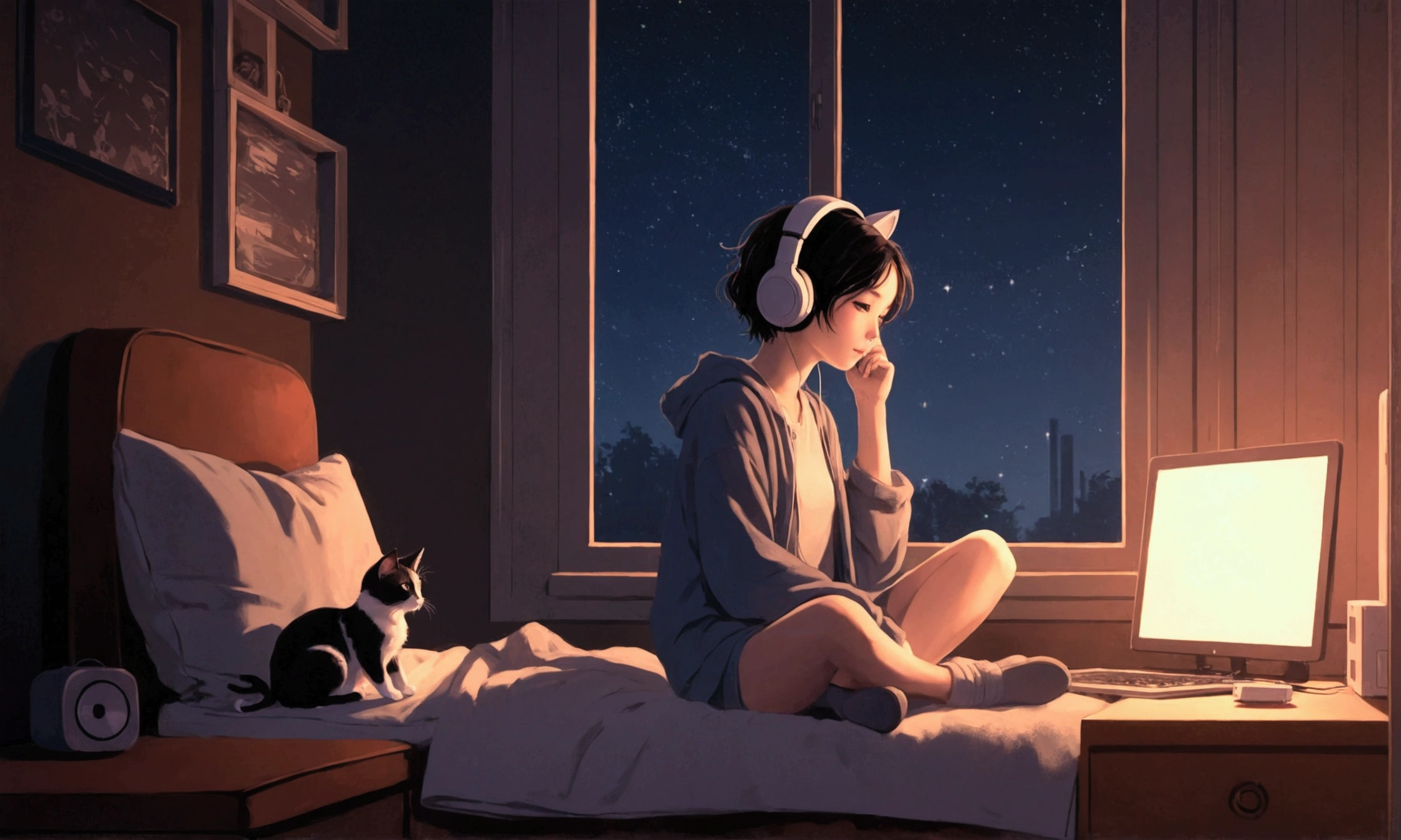 night、Girl listening to music in a cozy room, Headphonesの使用, 2D-style animation, Lo-Fi, hard disk, For dark environments、cute cat、To be able to erase the background, With a cute girl、Headphones、relax、Wide aspect ratio