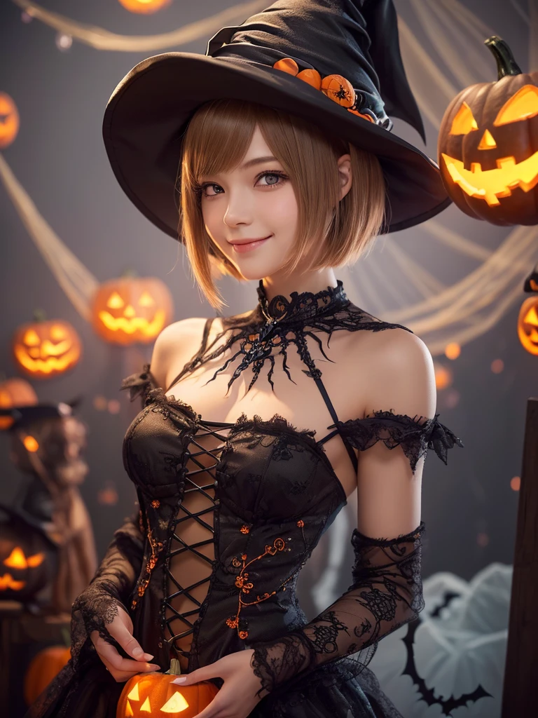 ((from below,upper body),A 25 years old girl, detailed cutie face, beautiful detailed eyes, detailed dropped eyes, left and right eyes are equal,beautiful charming big smile, extremely detailed face,slender body,short hair,anime style, (halloween costume):2.0), Highres fix,colorful lights, pumpkin decorations, haunted house, best quality, 4k, highres, masterpiece, realistic, photorealistic, photo-realistic, vivid colors, intricate details, fantasy, soft lighting, magical