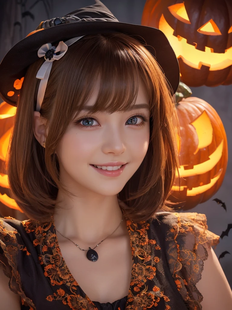 ((from below,upper body),A 25 years old girl, detailed cutie face, beautiful detailed eyes, detailed dropped eyes, left and right eyes are equal,beautiful charming big smile, extremely detailed face,slender body,short hair,anime style, (halloween costume):2.0), Highres fix,colorful lights, pumpkin decorations, haunted house, best quality, 4k, highres, masterpiece, realistic, photorealistic, photo-realistic, vivid colors, intricate details, fantasy, soft lighting, magical