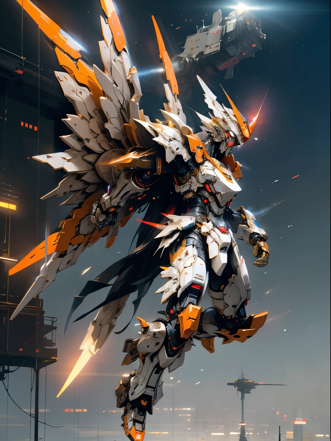 Head to toe painting, flying dynamic pose,
Skyscraper in background, explosion,
Giant humanoid sci-fi robot,
10 heads, small head, large horns
Gundam face, thick hands and feet,
Large mechanical wings on the back, multiple elongated mechanical tails,
Large luminous parts decoration, lines of light all over the body,
Armor, tanks and boosters on the waist,
A cloak made of machines, a sniper rifle,
Blackish coloring with red and gold coloring,
3D model,