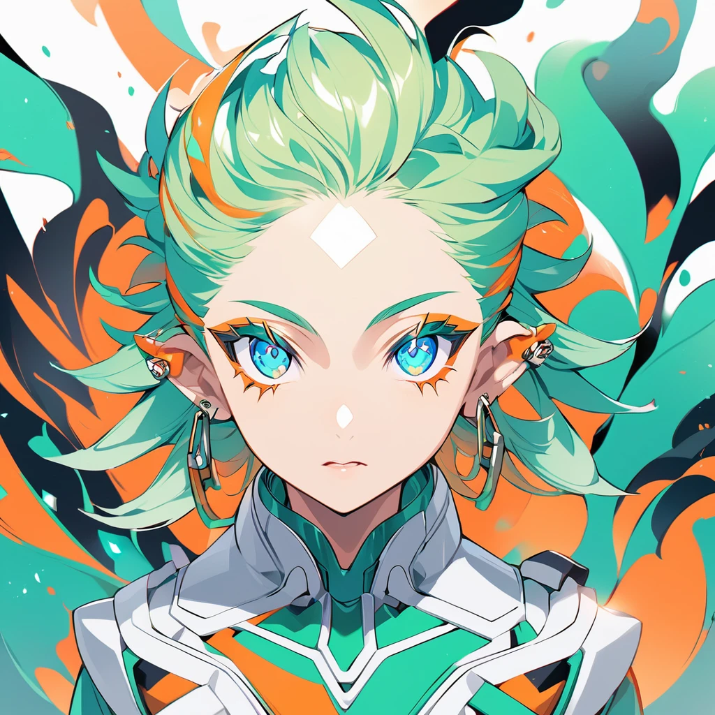 anime style of Jojo's Bizarre Adventure,strong strokes  vibrant colors, focus on character design and full body_portrait color teal,white,green,orange. Skin white perfect face shaven_green full_body_portraits perfect eyes. A young woman with bright green up hairstyle pixie/shaven and piercing's in yours ears blue eyes stares intensely at the viewer. She is dressed in a futuristic suit with a color scheme of teal, orange, and white.