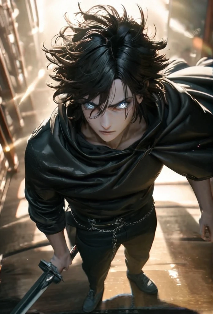 (solo), masculine, black hair, messy hair, mane hair, short hair, dense hair, wild hair, expressive hair, mature,(25 year old), pale skin, grey eyes, ((man)), teacher, wearing black shirt, rolled up sleeves, black long pants, One shoulder has shoulder armor, black cape covering one arm, detailed eyes, dark, hood, the background is space in china. Silver chains everywhere, attractive, eye reflection, depth of field, thunder aura, cinematic lighting, ray tracing, depth of field, cinematic lighting, ray tracing, UHD, high details, best quality, highres, high quality, award winning, super detail, masterpiece, 8k, UHD, high details, best quality, highres, high quality, award winning, super detail, masterpiece, 8k, digital art, anime coloring, full body, body shot, good face, perfect face, detailed face, good eyes, in a fighting position, holding a sword.