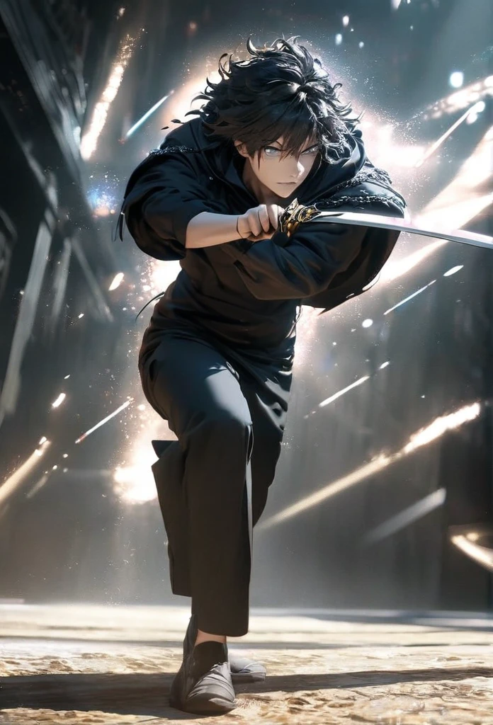 (solo), masculine, black hair, messy hair, mane hair, short hair, dense hair, wild hair, expressive hair, mature,(25 year old), pale skin, grey eyes, ((man)), teacher, wearing black shirt, rolled up sleeves, black long pants, One shoulder has shoulder armor, black cape covering one arm, detailed eyes, dark, hood, the background is space in china. Silver chains everywhere, attractive, eye reflection, depth of field, thunder aura, cinematic lighting, ray tracing, depth of field, cinematic lighting, ray tracing, UHD, high details, best quality, highres, high quality, award winning, super detail, masterpiece, 8k, UHD, high details, best quality, highres, high quality, award winning, super detail, masterpiece, 8k, digital art, anime coloring, full body, body shot, good face, perfect face, detailed face, good eyes, in a fighting position, holding a sword.