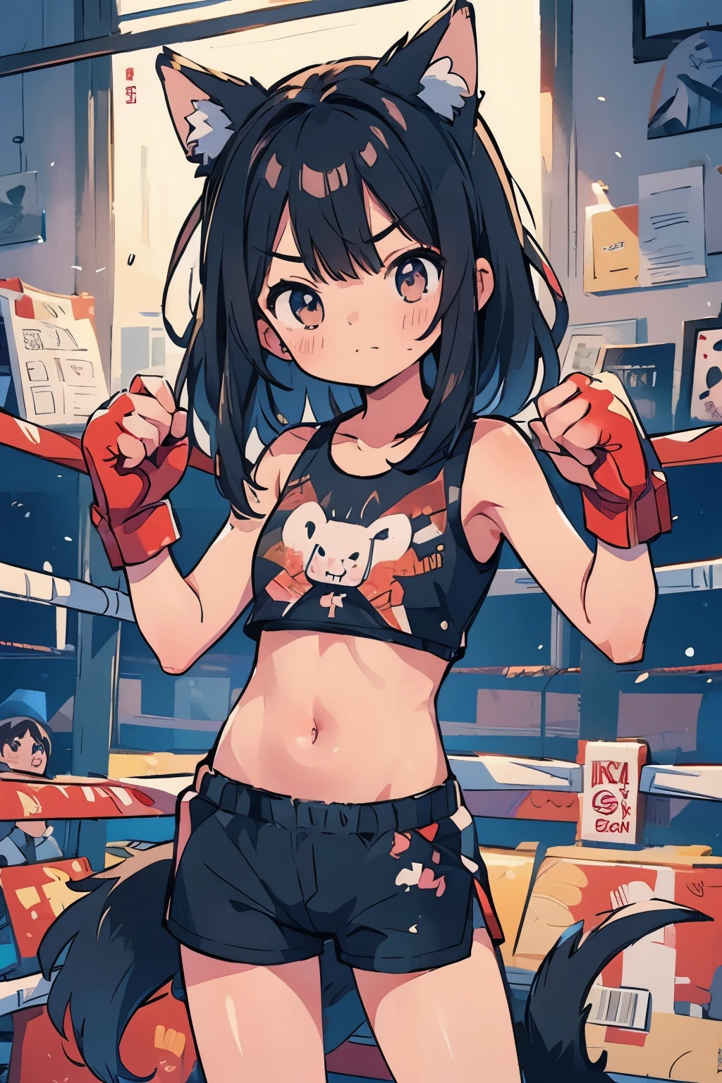 (boxing:1.3)、 Girls、Young、、belly button、stomach、cool、Shorts、Serious expression、(Closed Mouth:1.1)、Black Hair、Animal Ears、Tail of the beast