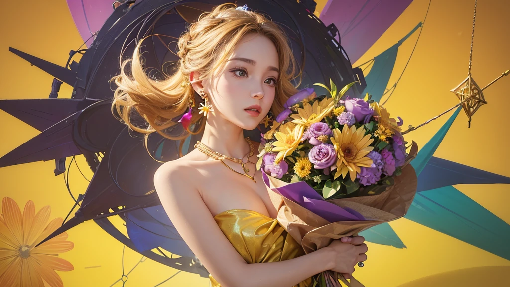 32K, 最高quality, 最高masterpiece, (ultra-Detailed Background, Detailed Background), High resolution, Super detailed, Very detailedな, One girl, (bouquet:1.3), (Tangled:1.2), (Geometric:1.2),(colorful),(masterpiece, quality, best quality, Official Art, Beautiful and beautiful:1.2), (1 girl:1.3), Very detailed,(colorful:1.1)(Flowers:1.3),Most detailed,(Tangled:1.2), whole body, (Abstract background:1.3), (Skin glows), (Many colors:1.4), ,(Earrings Jewelry:1.5), Bright yellow background,