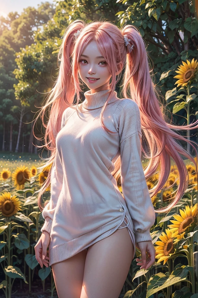 ((best quality, ultra-detailed, high resolution, extremely detailed CG, super detailed, direct light, Most beautiful clean lighting)), 1 girl, beautiful girl, cute girl and idol face, young face, smile, Beautiful long pink hair, twintails, Beautiful shining red eyes, white skin, slender, Short body, summer sweater, Midsummer Scenery, sunflower field