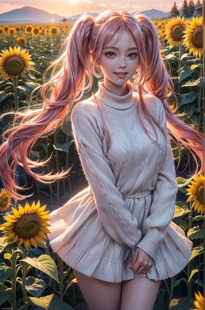 ((best quality, ultra-detailed, high resolution, extremely detailed CG, super detailed, direct light, Most beautiful clean lighting)), 1 girl, beautiful girl, cute girl and idol face, young face, smile, Beautiful long pink hair, twintails, Beautiful shining red eyes, white skin, slender, Short body, summer sweater, Midsummer Scenery, sunflower field