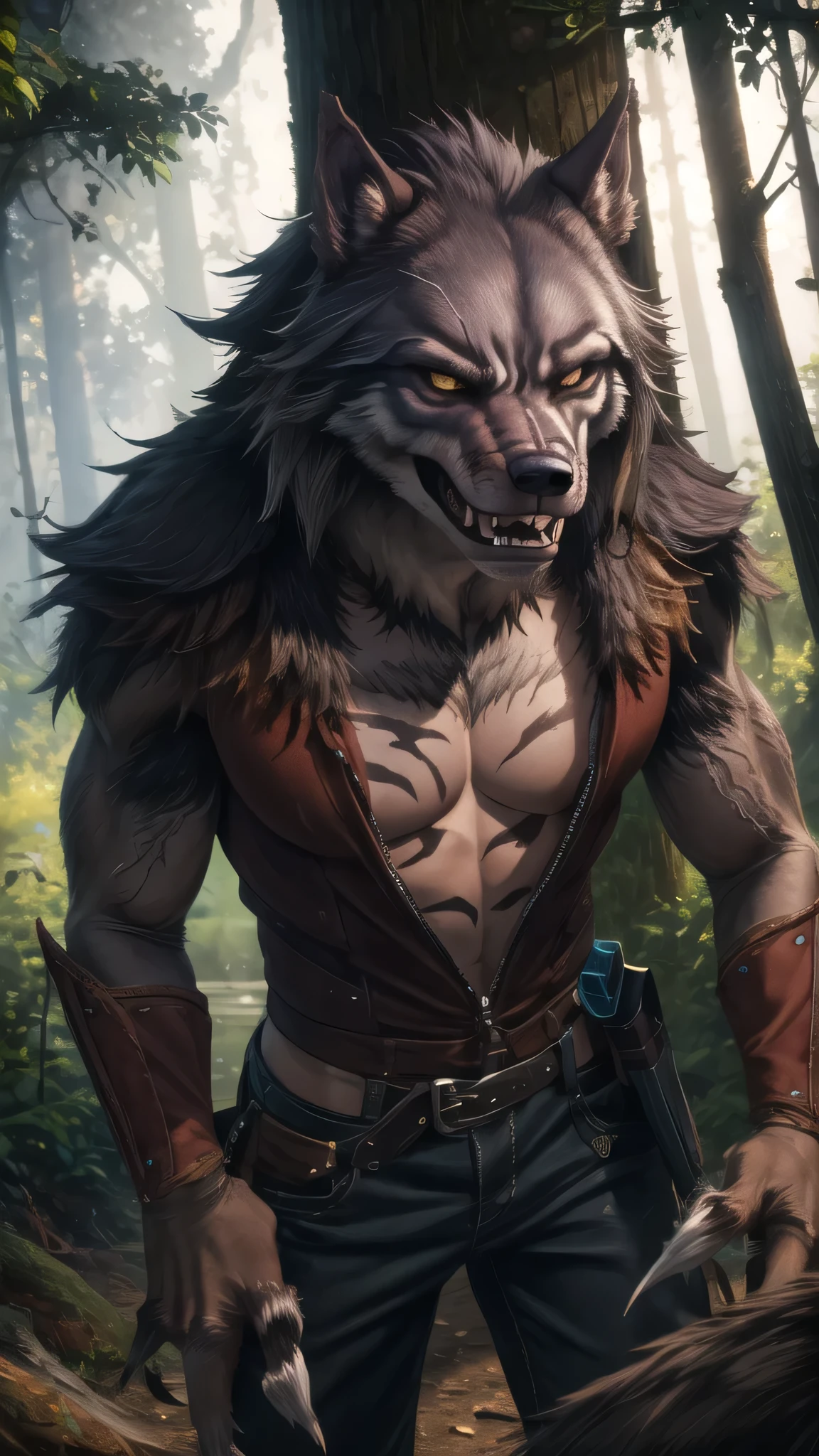 1 girl, for thery, Aela, Aela the huntress, face paint,   BREAK, 
((transformation into werewolf, werewolf, morphine)), for the, Wolf skin, Fangs, angry,   BREAK, 
In the woods,, masterpiece, Best Quality, Hyper realistic, extremely detailed, high quality, 4k, sharp focus, Professional photography, sharp focus, awarded, cinematic lighting, Octane rendering, unreal engine, volumetric dtx, Wallpaper,