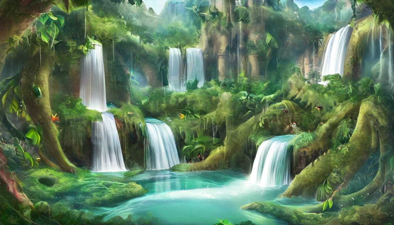 A jungle with many vines and a small crystalline lake next to a waterfall.