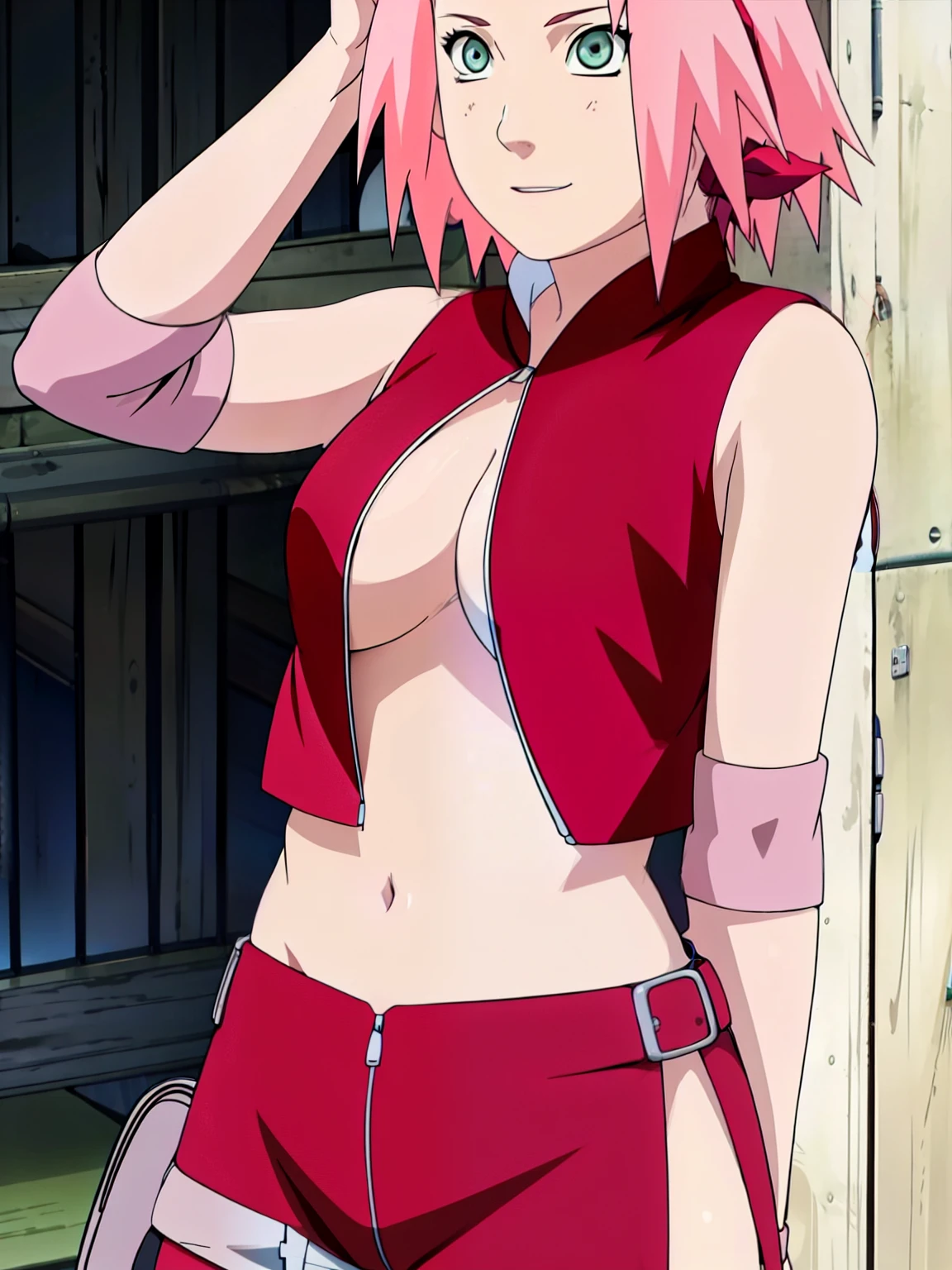 Sakura Haruno showing her belly with open zipper and open top showing her sexy breasts