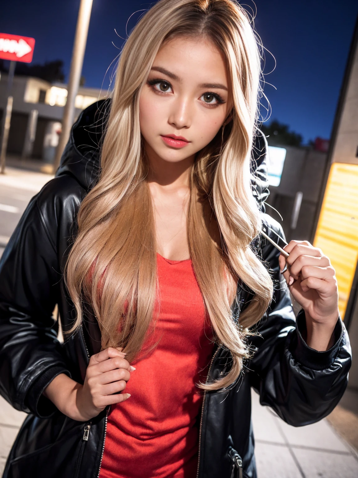 1黒のパーカーを着たGal,横face, 美しい横face, Looking down, sad, night,moonlight,Exterior lights,Gal, Hooded parka,masterpiece, Highest quality, Realistic, face,, Beautiful girls, cute, Written boundary depth, High resolution, Super detailed, detailed, pale, Sunburned skin,woman,blonde,Platinum Hair,Brown Hair,orange,Wavy Hair,Shortcuts,building,intersection,stage,Pedestrian bridge,vending machine,night,深night,Blurred Background:1.2