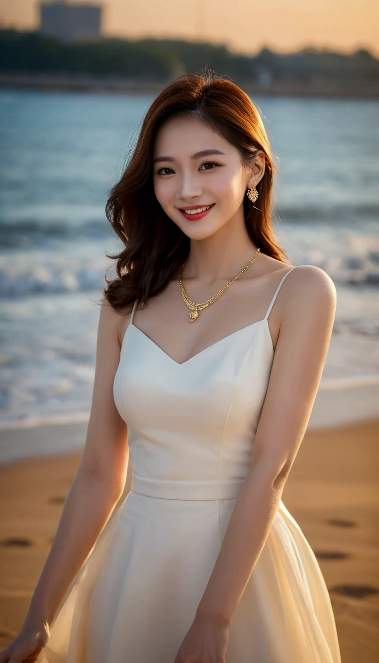The beauty of this lady,clearly defined,Exquisite facial features,Bright Eyes,Thin eyebrows curved upwards,The bridge of the nose stands up,lips are red,teeth are white,Outstanding appearance。Her hair is long and smooth,Black as shiny as silk,hangs to waist,It exudes a light fragrance。She is tall,Well-proportioned,curved,The slender legs and slender waist exude an alluring beauty,Wear random colors of clothing,The temperament is elegant and noble,gentle manner,People can't help but be attracted to her,Confident and gentle smile,Let people feel the beauty and warmth in her heart, High resolution:1.3), The face shape and eyes are super delicate,Wear a necklace and earrings,hit the ball randomly,at sunset,The golden sand on the beach complements the colorful sky,Beautiful scenery reflected in the sea,Strong rim light, Mid-chest:1.3,anatomically normal,Glowing particle effect,