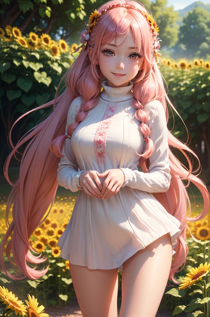 ((best quality, ultra-detailed, high resolution, extremely detailed CG, super detailed, direct light, Most beautiful clean lighting)), 1 girl, beautiful girl, cute girl and idol face, young face, smile, Beautiful long pink hair, twintails, Beautiful shining red eyes, white skin, slender, Short body, summer sweater, Midsummer Scenery, sunflower field