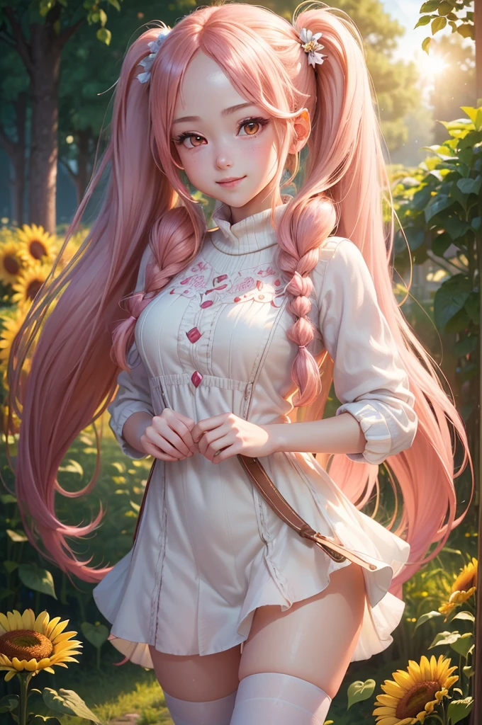 ((best quality, ultra-detailed, high resolution, extremely detailed CG, super detailed, direct light, Most beautiful clean lighting)), 1 girl, beautiful girl, cute girl and idol face, young face, smile, Beautiful long pink hair, twintails, Beautiful shining red eyes, white skin, slender, Short body, summer sweater, Midsummer Scenery, sunflower field