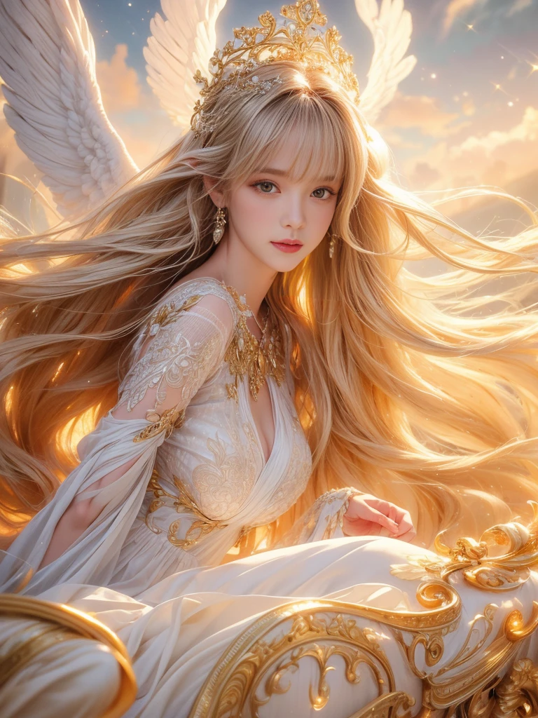 (best quality,4k,8k,highres,masterpiece:1.2),ultra-detailed,realistic,beautiful girl,golden long hair,angelic halo,white angel wings,fantasy style,vivid colors,soft lighting,ethereal atmosphere,natural surroundings,serene expression,sheer dress,floating,graceful posture,airy feel
