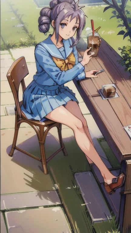 ((masterpiece)),((Ayako Katagiri)),((Katagiri Ayako)),((Mischievous Smile)),Anatomically perfect fingers,(((Kirameki High School Uniform))),(((Cafe Terrace))),(((A moment of summer))),(((Drinking iced coffee)))