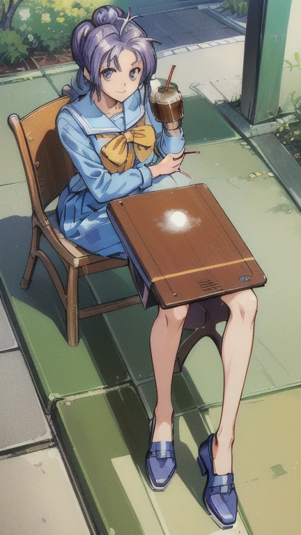((masterpiece)),((Ayako Katagiri)),((Katagiri Ayako)),((Mischievous Smile)),Anatomically perfect fingers,(((Kirameki High School Uniform))),(((Cafe Terrace))),(((A moment of summer))),(((Drinking iced coffee)))