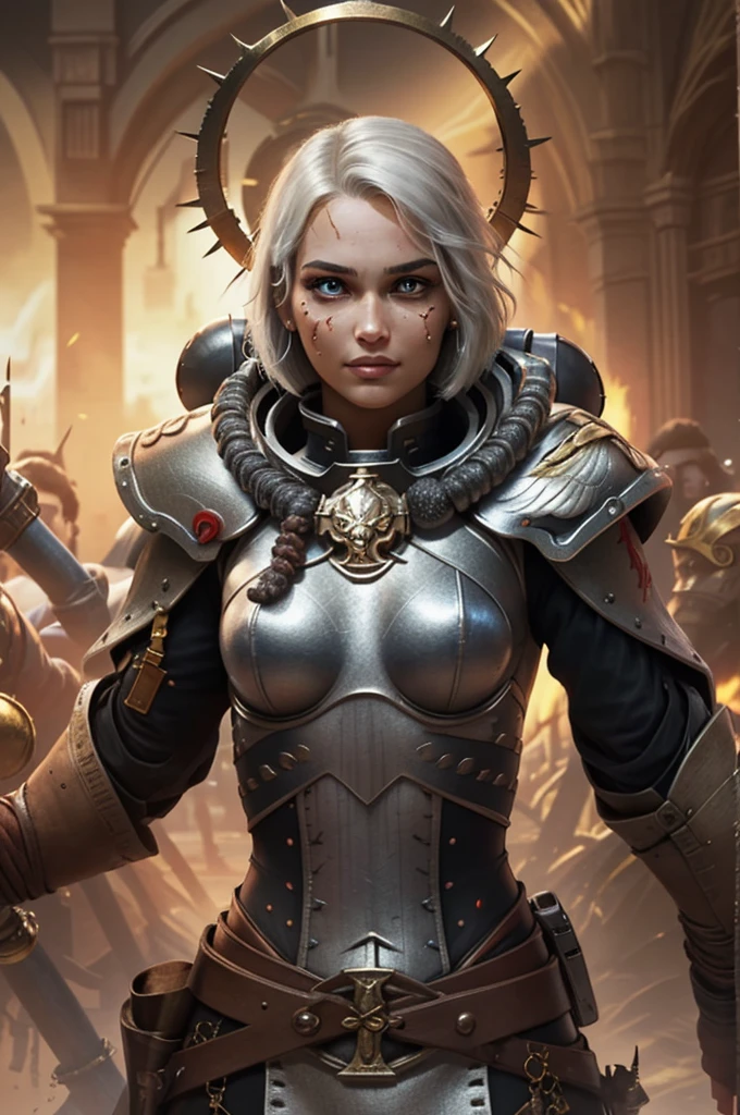 Photo of adepta sororitas, argent shroud, full armor, full metal armor, Christina Chong beautiful face, narrowed eyes. smirk. black braided hair with narrowed eyes, wearing intricate ornamented metal armor, stern face, bob cut, short hair, white hair, solo, (female:1.2), epic, platinum white armor, white pelvic curtain, bronze trimmings, blue pupils, facial scar, iron halo, ((upper body:1.3)) focus, close-up, banner background,
