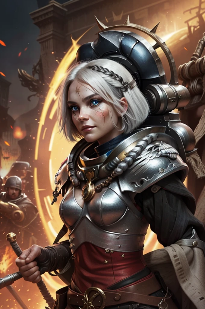 Photo of adepta sororitas, argent shroud, full armor, full metal armor, Christina Chong beautiful face, narrowed eyes. smirk. black braided hair with narrowed eyes, wearing intricate ornamented metal armor, stern face, bob cut, short hair, white hair, solo, (female:1.2), epic, platinum white armor, white pelvic curtain, bronze trimmings, blue pupils, facial scar, iron halo, ((upper body:1.3)) focus, close-up, banner background,
