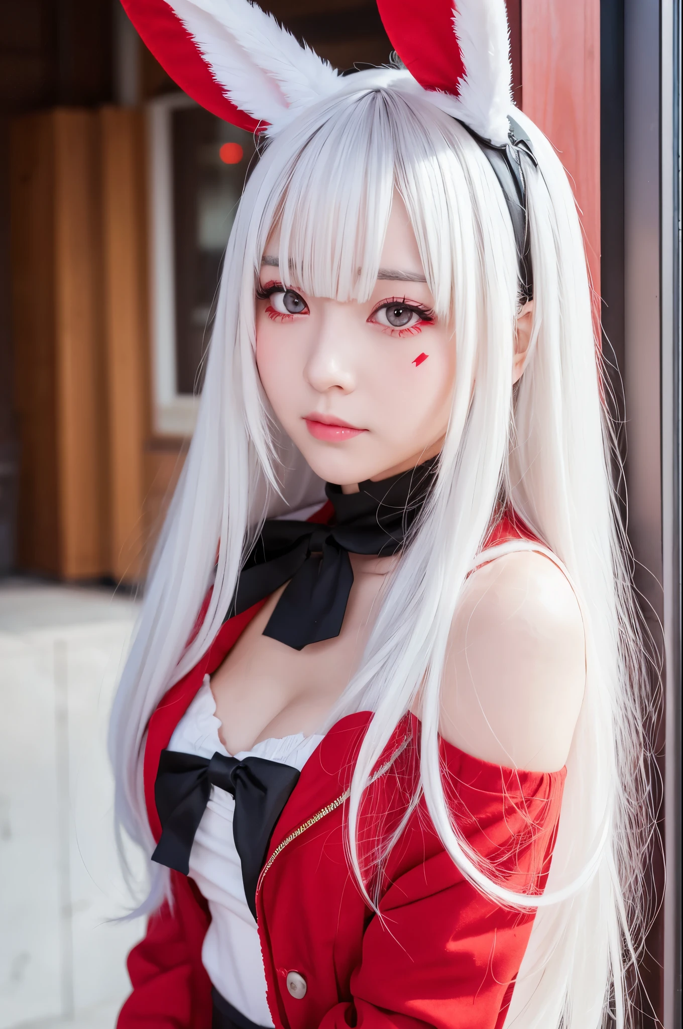 Anime girl with white hair and bunny ears, Red eyes, Shy blush, 