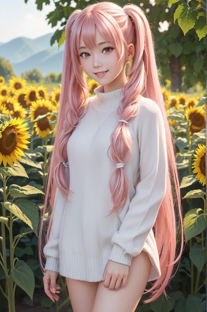 ((best quality, ultra-detailed, high resolution, extremely detailed CG, super detailed, direct light, Most beautiful clean lighting)), 1 girl, beautiful girl, cute girl and idol face, young face, smile, Beautiful long pink hair, twintails, Beautiful shining red eyes, white skin, slender, Short body, summer sweater, Midsummer Scenery, sunflower field
