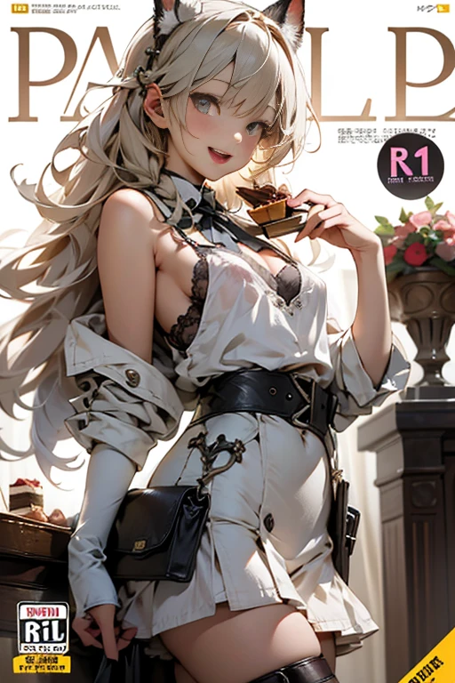 (small breasts:1.2), (perky chest:1.2), (pointed chest:1.2), (Pudding cake magazine cover:1.3),(from below:1.0),(shoot from the side:1.1),masterpiece, 1girl, Amazing Cleavage:1.1, thin waist, optimum,tmasterpiece,hight resolution,best qualtiy,hyper HD,super detailing,awardwinning,a 18yo cute girl,(The upper part of the body),anatomy correct,Beautiful Black miniskirt,garters,Gaze,Small face,bangss,holster,Beautuful Women,hands up,leg holster,Gaze,black boots,Cowboy Shot,cute face,a blond,Longhaire,Twin-tailed,Braids, Hairline,(scarlet eyes),long eyelasher,Hanging eye corners,White skin of the, ((see through camisole:1.1)), ((Sheer nipples:1.0)),Rocket Tits,(Slim body),smile,seductive weak smiling,(with sparkling eyes and a contagious smile),little open mouth, Looking at Viewer,