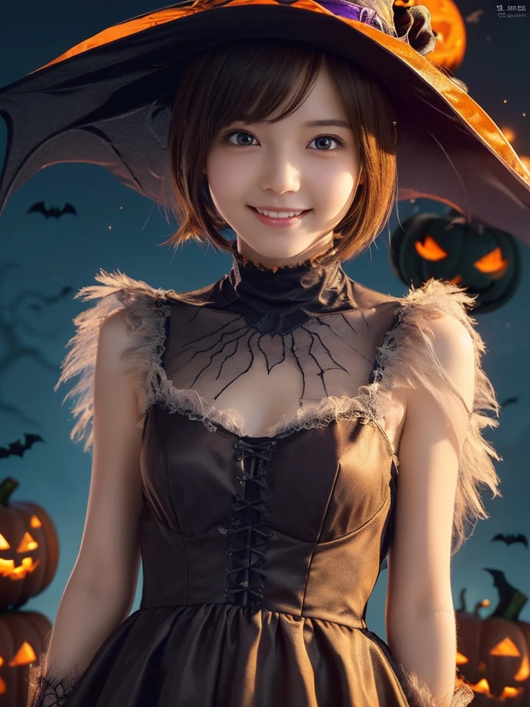 ((from below,upper body),a 20 year old girl, detailed cutie face, beautiful detailed eyes, detailed dropped eyes, beautiful charming smile, extremely detailed face,slender,short hair,anime style, halloween costume:2.0), Hires.fix,colorful lights, pumpkin decorations, haunted house, best quality, 4k, highres, masterpiece, realistic, photorealistic, photo-realistic, vivid colors, intricate details, fantasy, soft lighting, magical